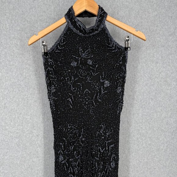 Scala Womens VTG Silk Gown Dress Size M Black Beaded High Neck Elegant Formal - Picture 2 of 16